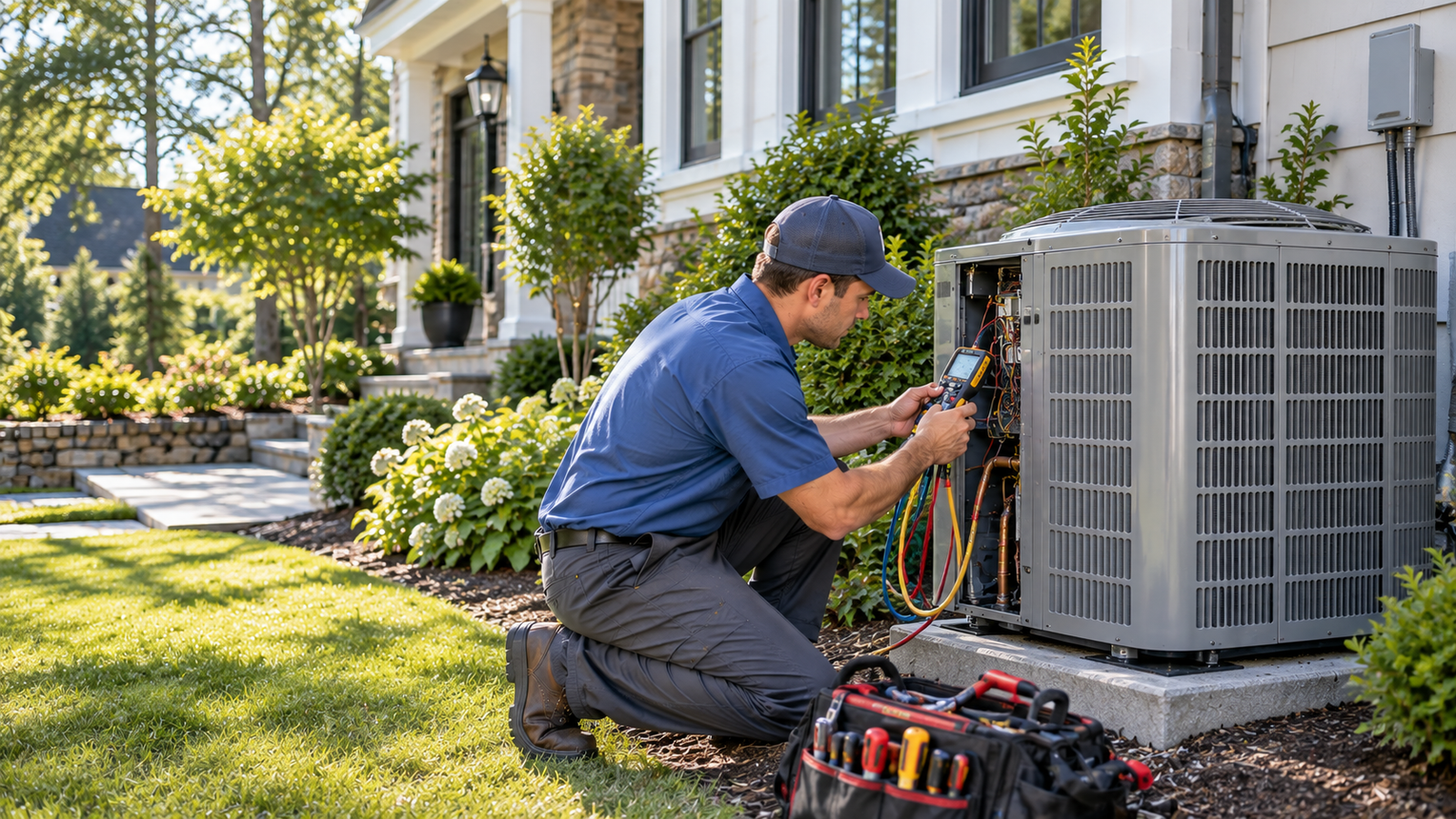 HVAC technician servicing a residential outdoor air conditioning condenser