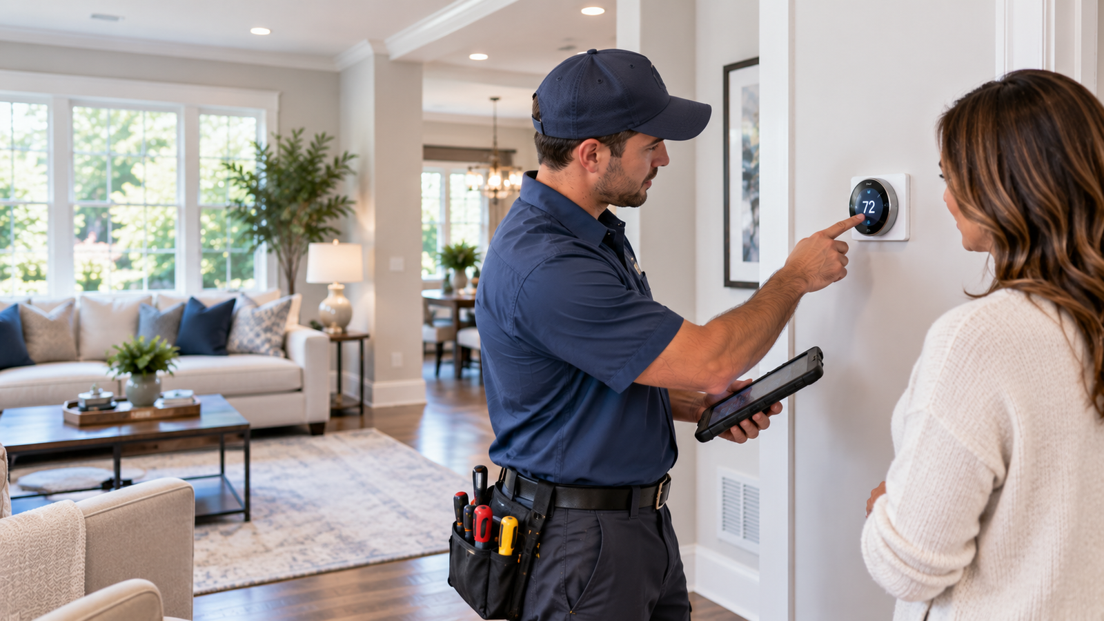 HVAC technician servicing residential heating and cooling equipment in a bright home